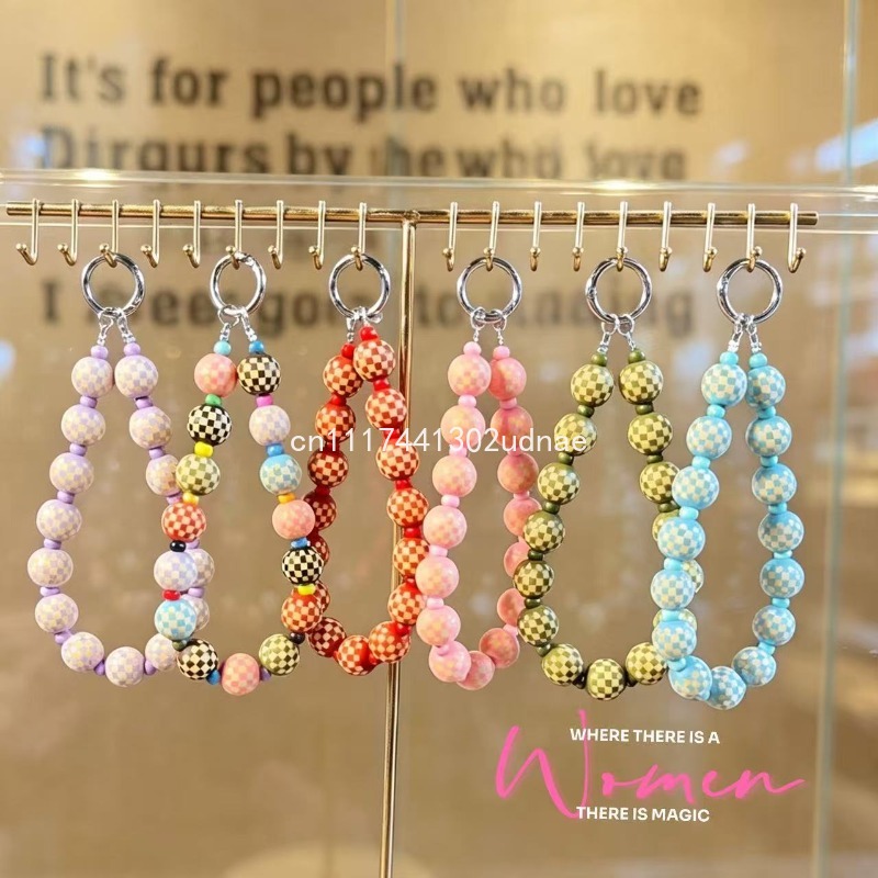 Phone Accessories Charms - สายคล้องโทรศัพท์ลายสก็อตทำจากไม้แท้ ประดับด้วยลูกปัด, จี้ห้อยโทรศัพท์, พวงกุญแจสำหรับกระเป๋า, เครื่องประดับแฟชั่น